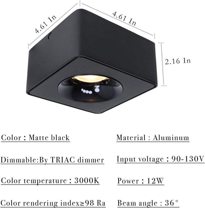 Marknice LED Dimmable Square Ceiling Spotlight Aluminum Black Wide 4.61 in Ultra-Thin 2.16 in Downlight Modern Ceiling Mounted Spot Light Fixture for Living Room Hallway Foyer CRI 98 12W 3000K 002 - Image 4